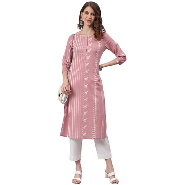 Image of Janasya Women's Pastel Pink Cotton Animal Print Straight Kurta