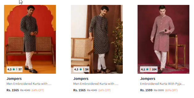 Image of Jompers Men Embroidered Regular Sequinned Kurta with Pyjamas Starting Price @₹1565