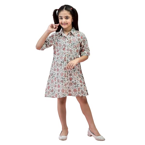 Image of Juniper Girls Ivory Cotton Floral Printed Shirt Dress with Fabric Belt