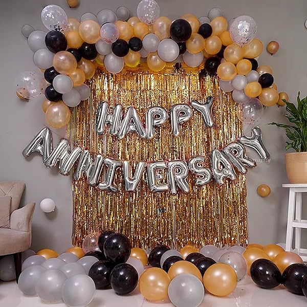 Image of Just Party Set of 63 Pcs, Silver Happy Anniversary Foil, 2 Golden Curtains Theme Backdrop