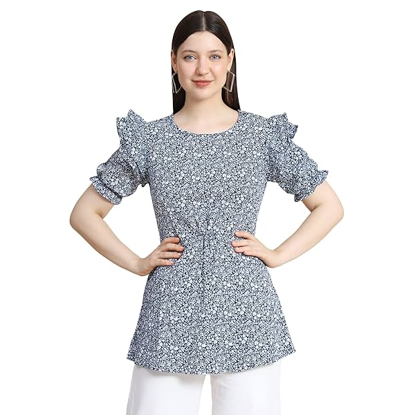 Image of KERI PERRY Women's Indo-Western Muslin A-line Round Neck Printed Half Sleeve Regular Fit Top