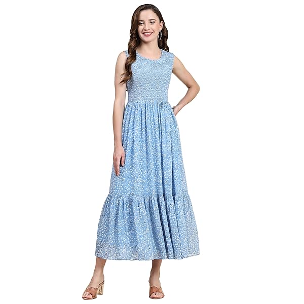 Image of KERI PERRY Women's Sky Blue Georgette Floral Tiered Western Dress