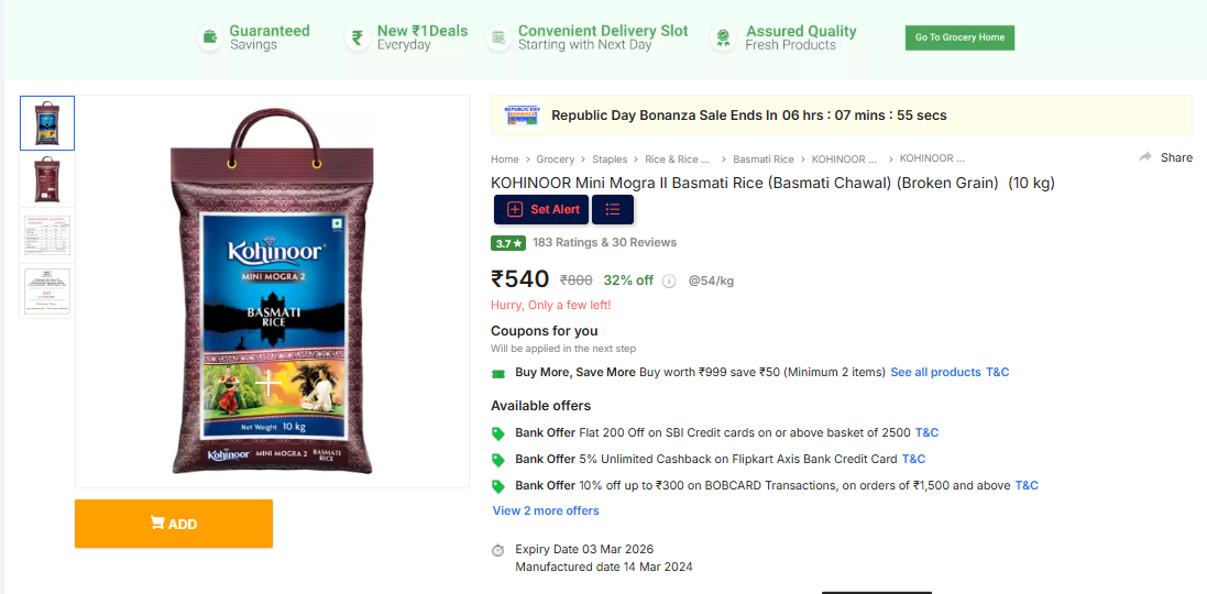 Image of KOHINOOR Mini Mogra II Basmati Rice (10 kg)