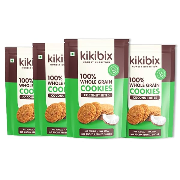 Image of Kikibix 100% Whole Grain Coconut Cookies | Rich in Fibre, Tasty Mini Natural Jaggery Biscuits | Healthy Snacks For Adult