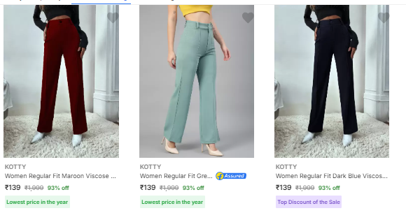 Image of Kotty Women's Trousers Start From ₹139