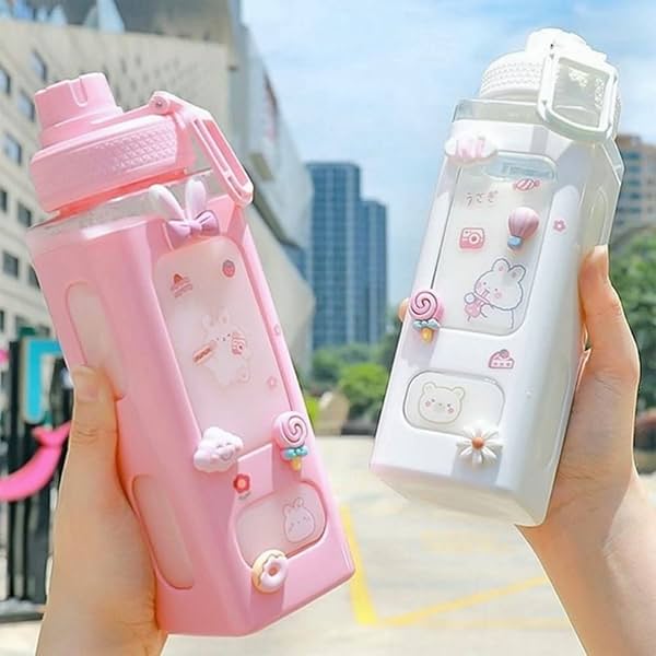 Image of Krivaz Kawaii Water Bottle (700ml) with straw and sticker.