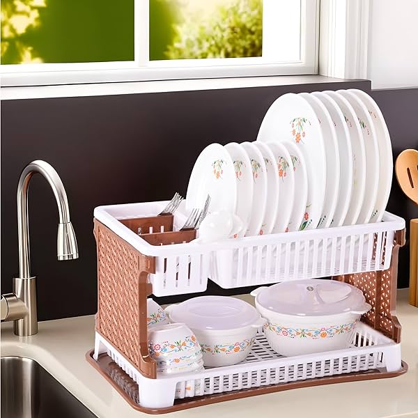 Image of Kuber Industries Plastic 2 Tier Dish Drainer Rack for Kitchen | Kitchen Vessels Storage Rack | 