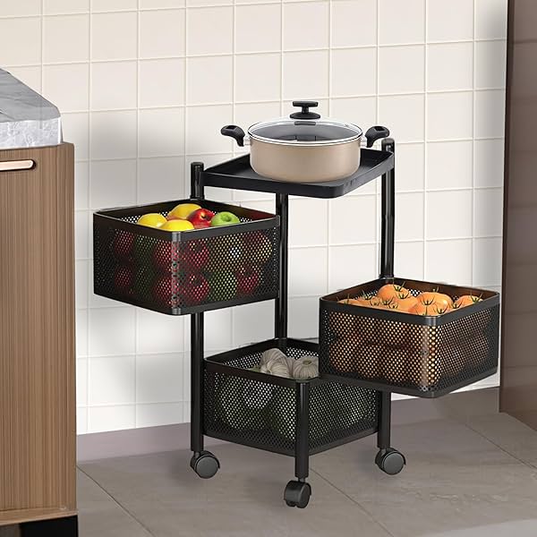 Image of Kuber Industries Square Storage Multipurpose 3-Layer Trolley Rack