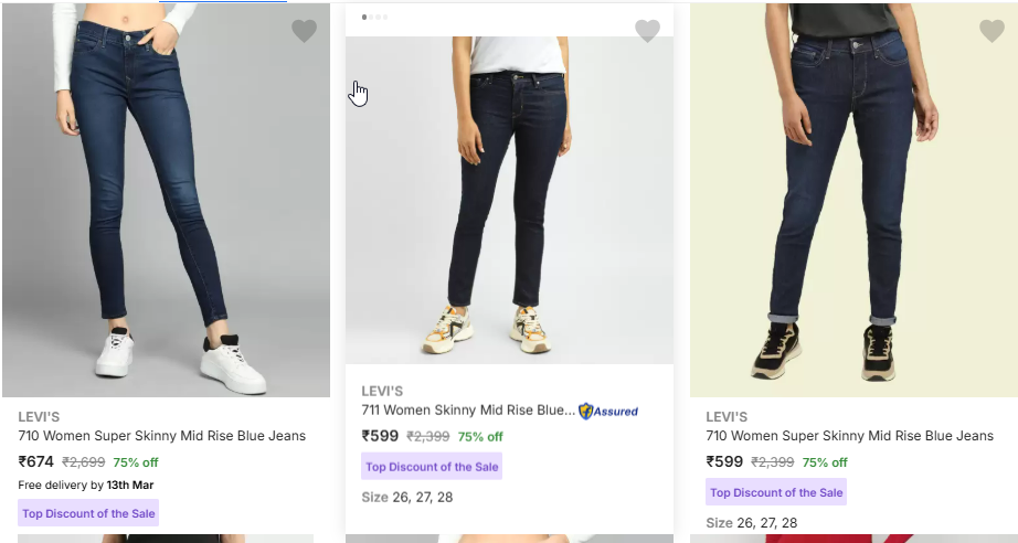 Image of LEVI'S women fashion jeans starting @ ₹599