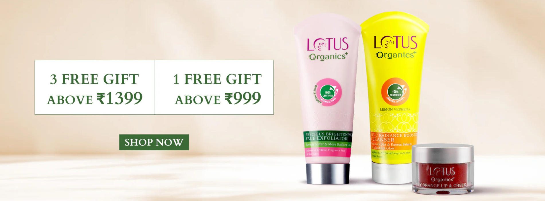 Image of  LOTUS ORGANICS Offers : Purchase Above ₹1399 & Get 3 Free Gift on Skin Care Products 