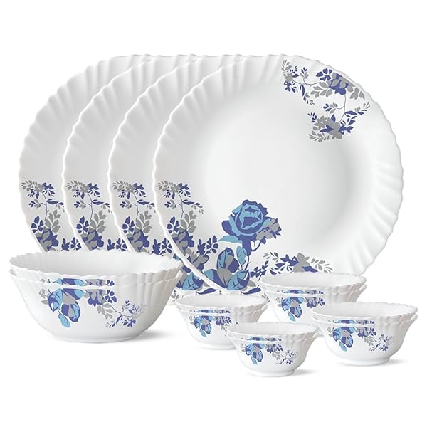 Image of Larah By Borosil Floral Opalware Fluted Cascade Dinner Set, White, 14-Pieces