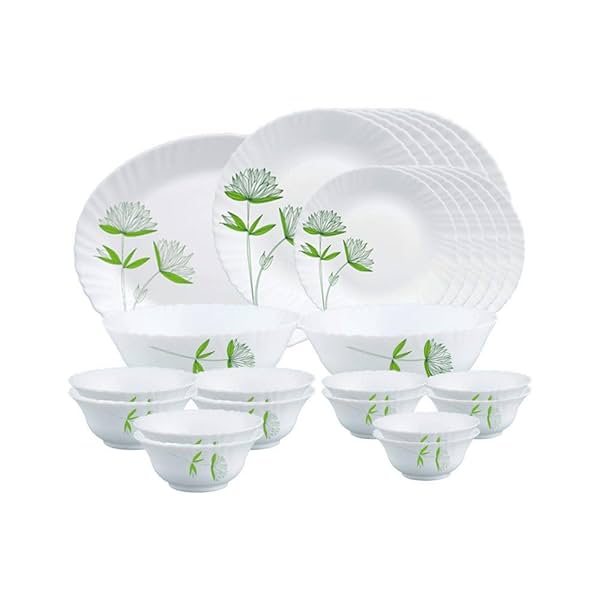 Image of Larah By Borosil Green Lily Opalware Dinner Set, 27 Pcs, White