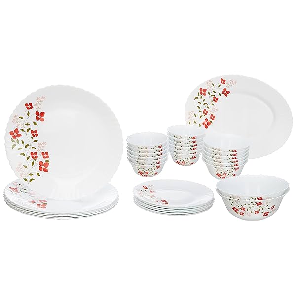 Image of Larah By Borosil Janus Opalware Floral Dinner Set, 33-Pieces, White.