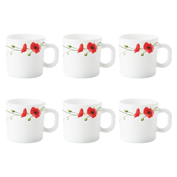 Image of Larah By Borosil Red Carnation Opalware Mug Set 6 Pieces 180ml