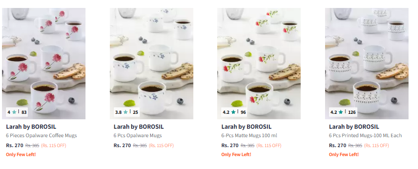 Image of Larah by BOROSIL 6 Pieces Floral Printed Opalware Matte Coffee Mugs 100 ml Starting Price @₹223