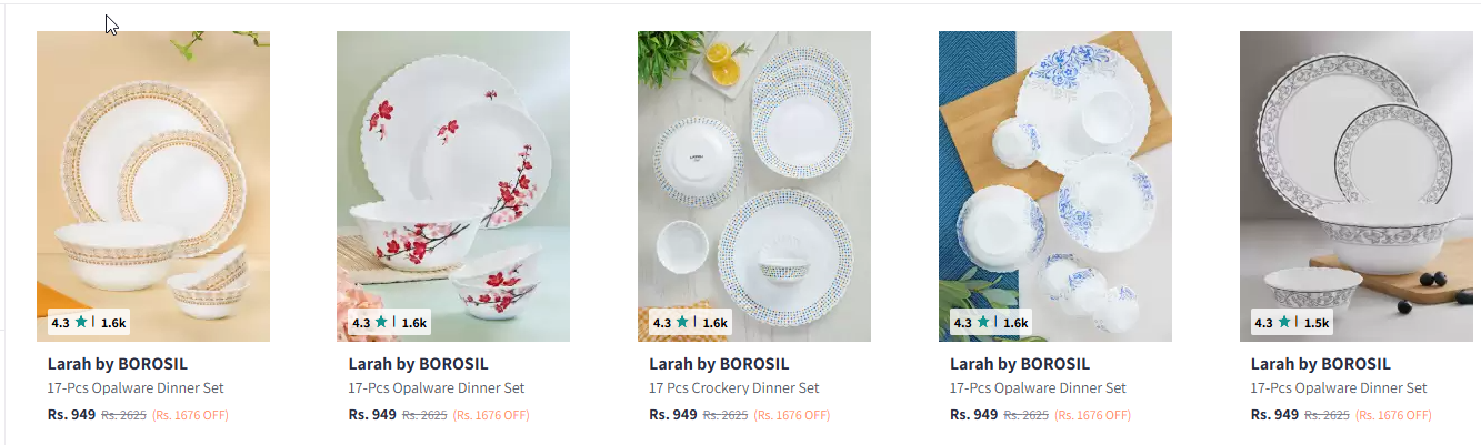 Image of Larah by BOROSIL Halo Jupiter 17 Pcs Opalware Crocker Dinner Set Starting Price @ ₹949