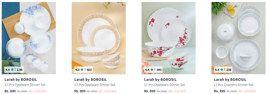 Image of Larah by BOROSIL Larah by Borosil Jupiter 17 Pcs White Printed Opalware Crockery Dinner Set Starting @ ₹899