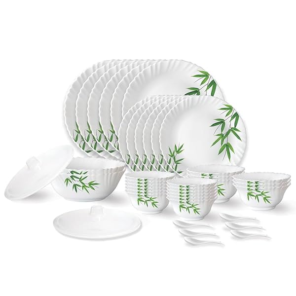 Image of Larah by Borosil Bamboo Leaves Fluted Series Opalware Dinner Set | 40 Pieces for Family of 6 