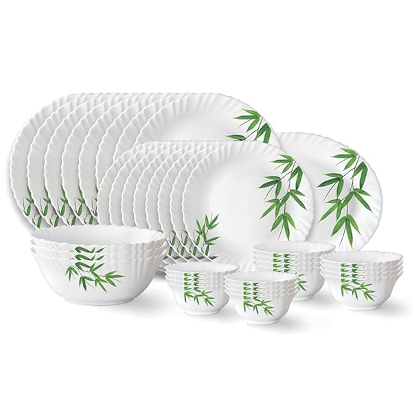 Image of Larah by Borosil Bamboo Leaves Fluted Series Opalware Dinner Set (33 pcs)