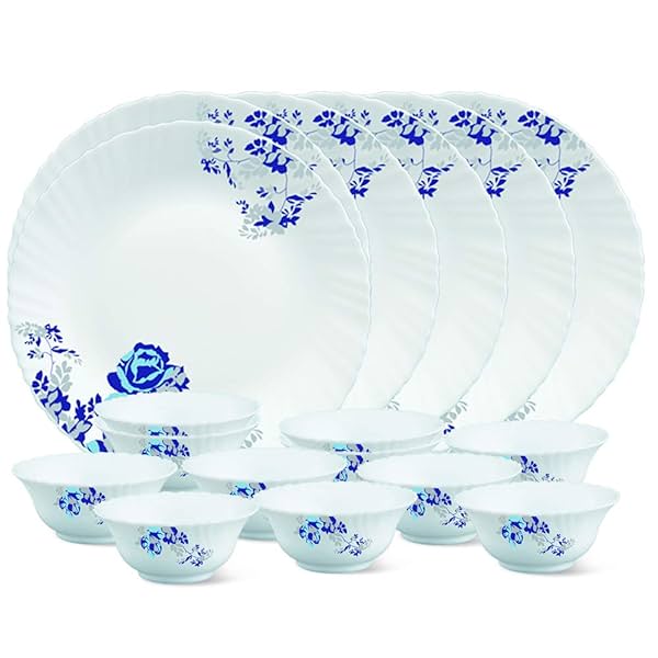 Image of Larah by Borosil Glass Blue CascadeThali Set (White) - 18 Pieces