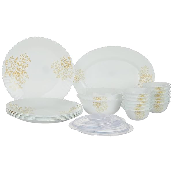 Image of Larah by Borosil Ingot Fluted Series Opalware Dinner Set | 23 Pieces for Family of 6 |.