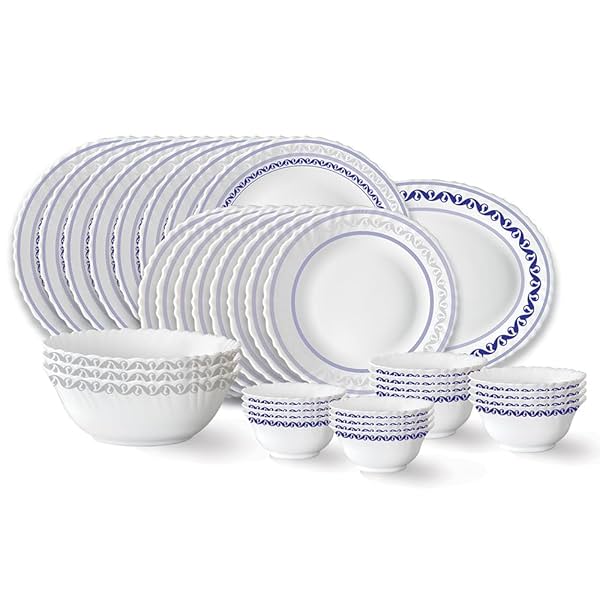 Image of Larah by Borosil Jazzblue Fluted Series Opalware Dinner Set | 36 Pieces for Family of 8 | 