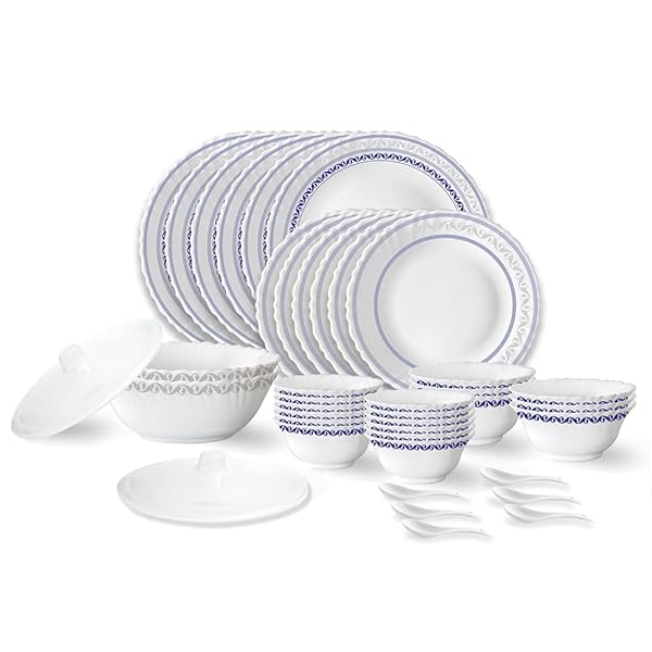 Image of Larah by Borosil Jazzblue Fluted Series Opalware Dinner Set | 40 Pieces