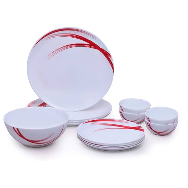 Image of Larah by Borosil - Moon Series, Red Stella 13 Pieces Opalware Dinner Set