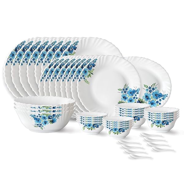 Image of Larah by Borosil Pansy Fluted Series Opalware Floral Dinner Set 44 Pieces