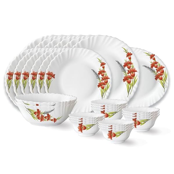 Image of Larah by Borosil Red Iris Fluted Series Opalware Dinner Set