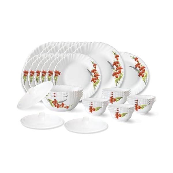 Image of Larah by Borosil Red Iris Fluted Series Opalware Dinner Set 