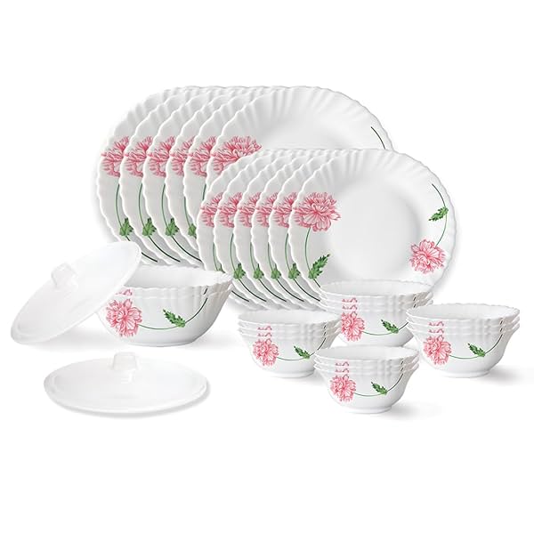 Image of Larah by Borosil Red Mist Fluted Series Opalware Floral Dinner Set