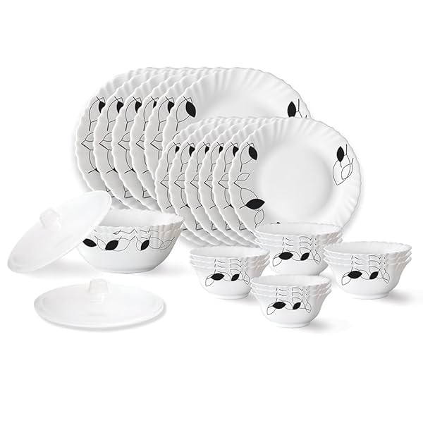 Image of Larah by Borosil Shadow Fluted Series Opalware Dinner Set | 28 Pieces for Family of 6