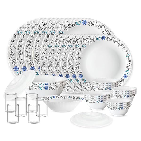 Image of Larah by Borosil Silk Series Blue Iris Opalware Dinner Set with Vision Glass