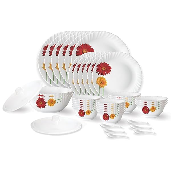 Image of Larah by Borosil Zinnia Fluted Series Opalware Dinner Set | 44 Pieces for Family of 8 