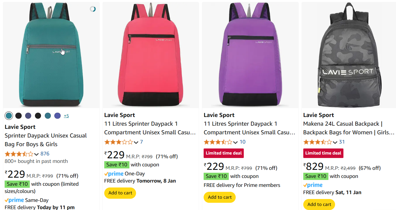 Image of Lavie Sport Sprinter Daypack Unisex Casual Bag For Boys & Girls Starting Price @ ₹229