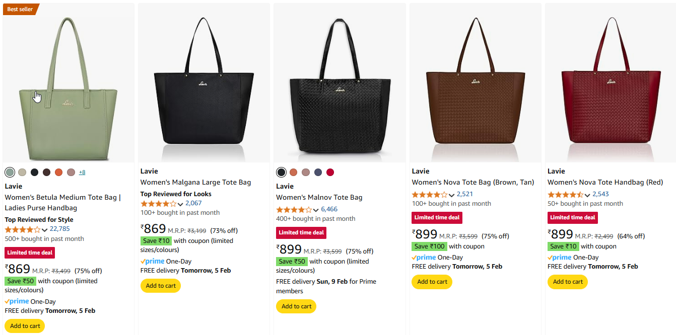 Image of Lavie women's tote bag starting @ minimum 70% Discount