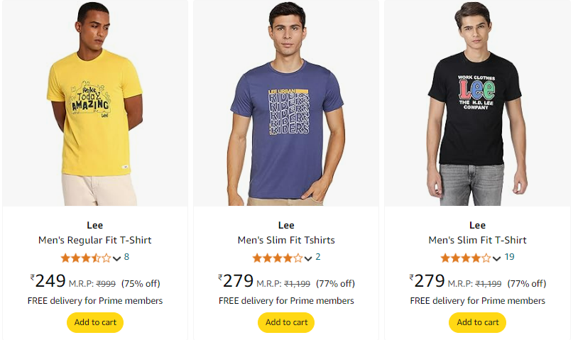 Image of Lee Men's Regular Fit T-Shirt starting @ ₹249 up to 75% Discount 