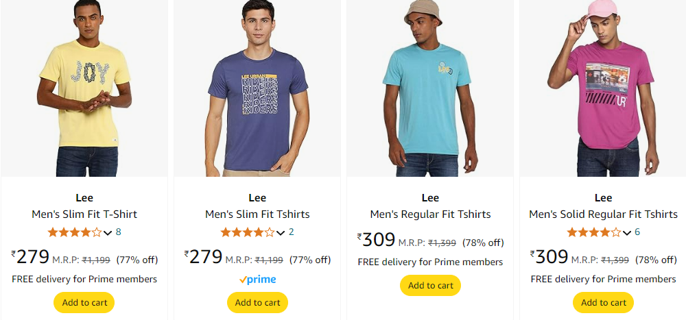 Image of Lee Men's Slim Fit T-Shirt starting @ ₹279 up to 75% Discount 