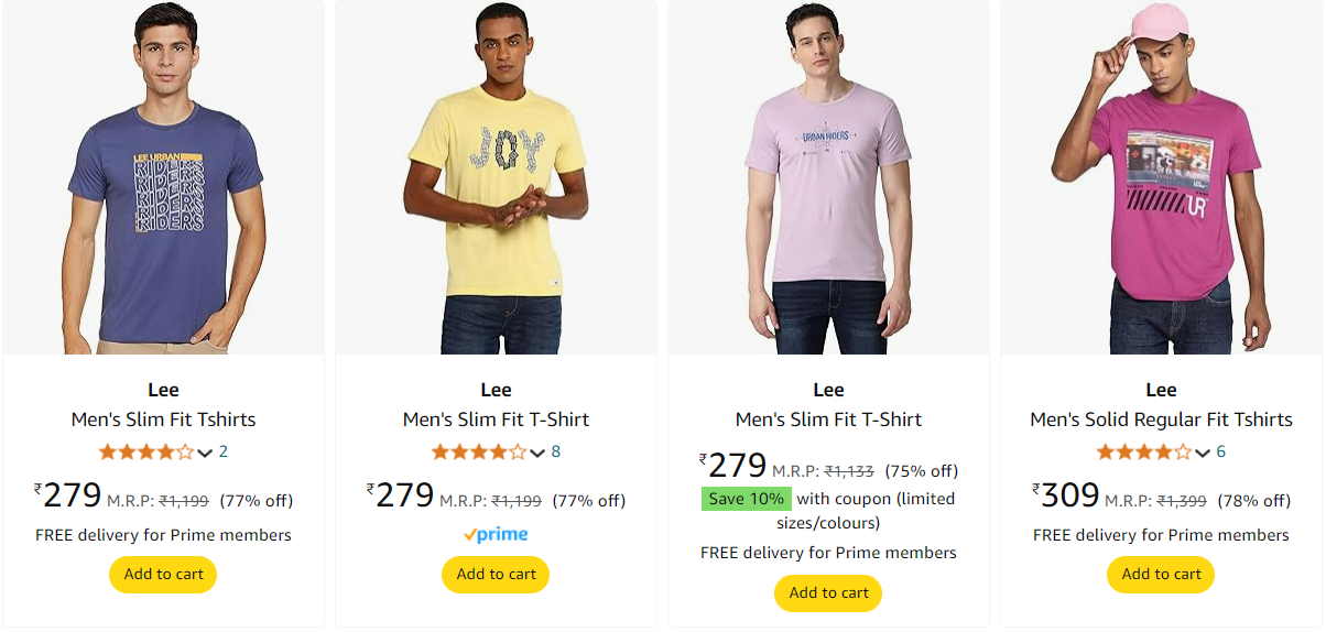 Image of Lee Men's Slim Fit T-shirts starting @ ₹279 up to 78% Discount 