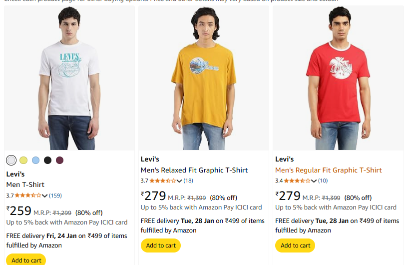 Image of Levi's Men T-Shirt Starting @ ₹259