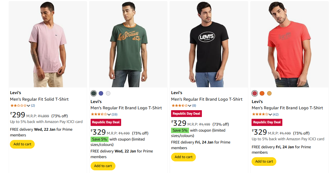 Image of Levi's Men's Regular Fit Solid T-Shir Starts @ ₹299