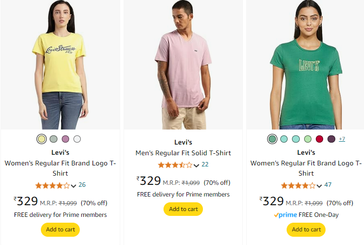 Image of Levi's men's and Women's T-shirts starting @ ₹329 up to 70% Discount