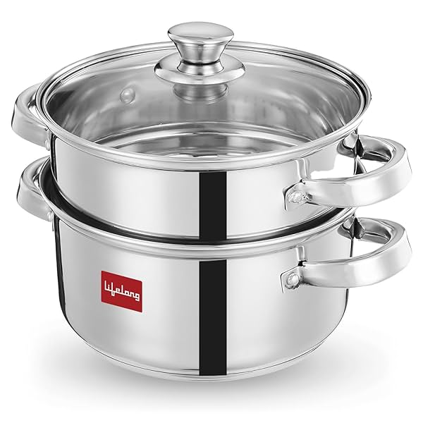 Image of Lifelong 2-Tier Steamer/Momo/Modak Maker | Induction Compitable with Glass Lid & Riveted Handles |