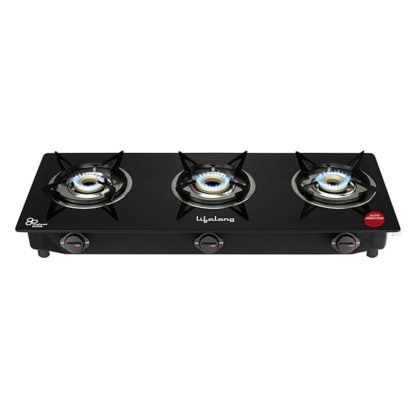 Image of Lifelong 3 Burner Automatic Ignition Glass Gas Stove, ISI Certified, LPG Compatible