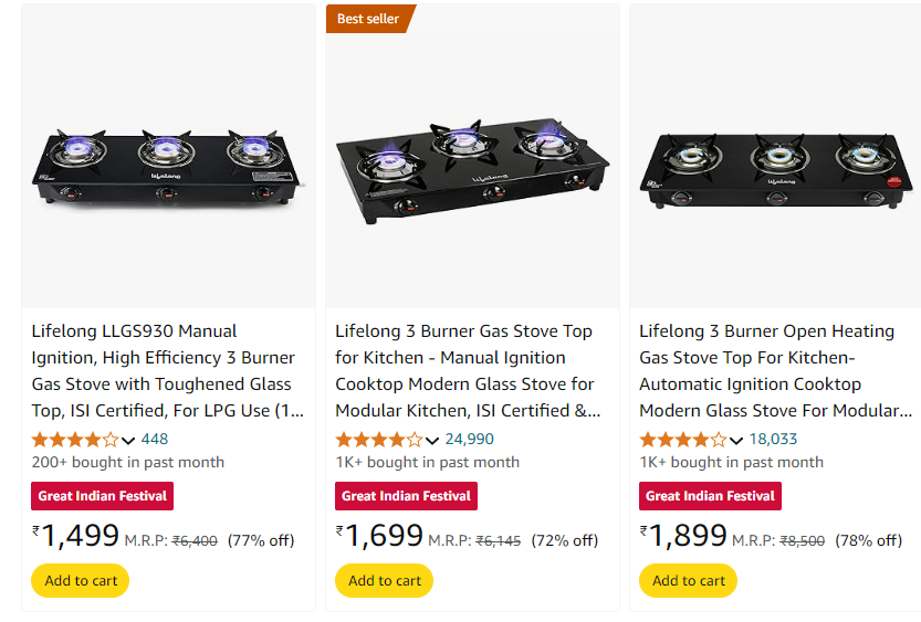 Image of Lifelong 3 Burner Gas Stove starting at ₹1399