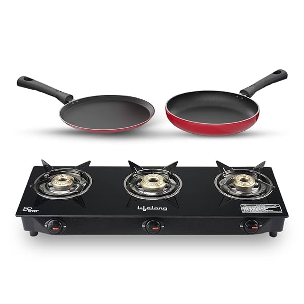 Image of Lifelong 3 Burner Gas Stove with Dosa Tawa and Fry Pan Combo