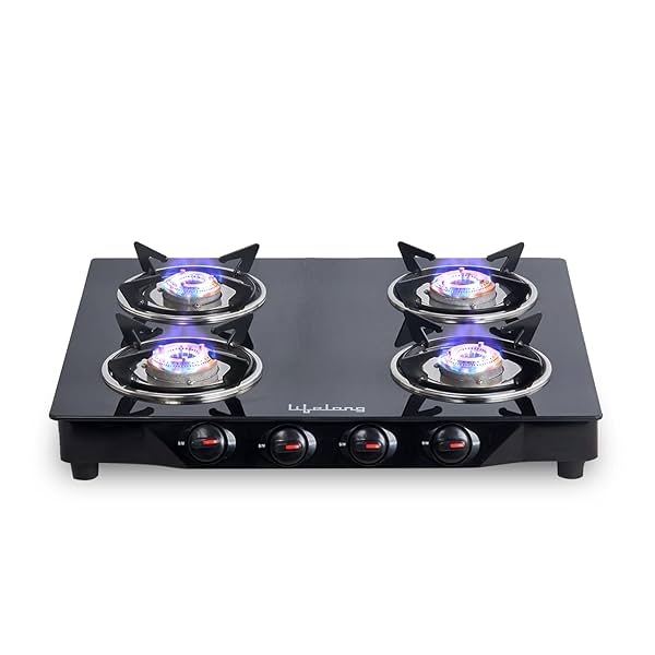 Image of Lifelong 4 Burner Gas Stove Top for Kitchen - Manual Ignition with LPG - 1 Year Manufacturer's (Black)