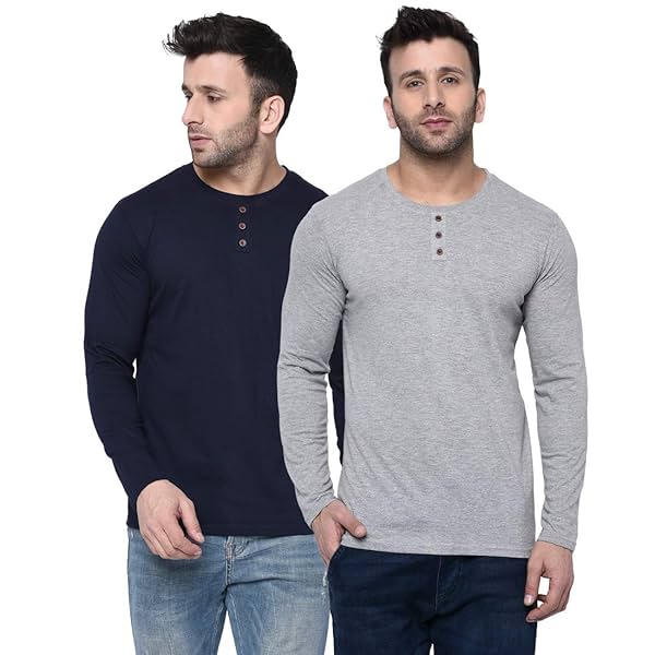 Image of London Hills Men Solid Full Sleeve Cotton Blend Round Neck Regular Fit T-Shirt Pack Of 2 