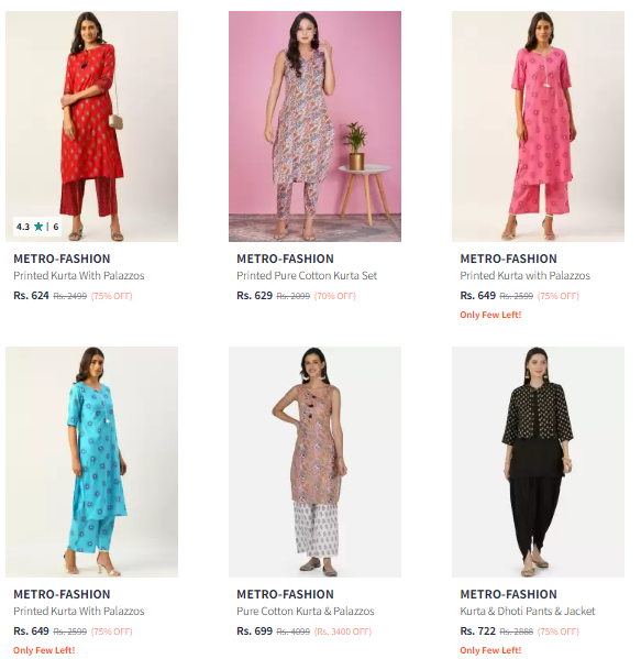 Image of METRO Fashion Brand Women's Kurta with Palazzos @ Minimum 70% Discount